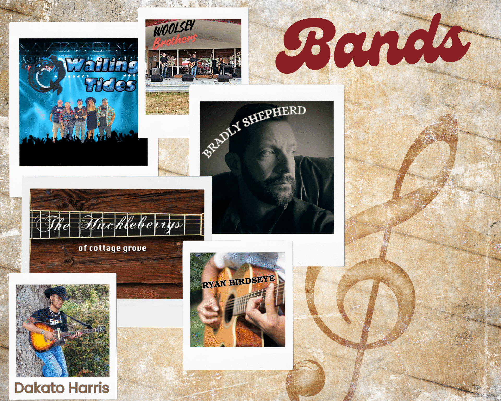 A music band named "Wailing Tides" poses in front of a large cheering crowd under a spotlight on stage. Five members are standing together, smiling. The band’s logo, featuring a wave and wheel, is prominently displayed above them.